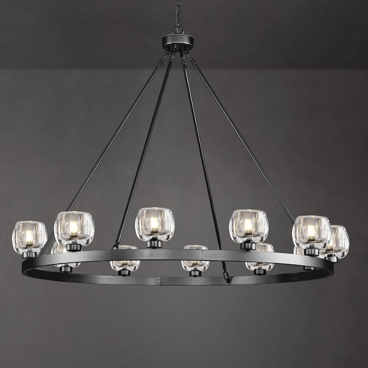 Black Wagon Wheel Chandelier, 48 Inch Black Chandeliers with Unique Glass Shade, 12-Light Crystal Large Wagon Wheel Chandeliers for Dining Room, High Ceiling Round Chandelier for Living Room, Foyer