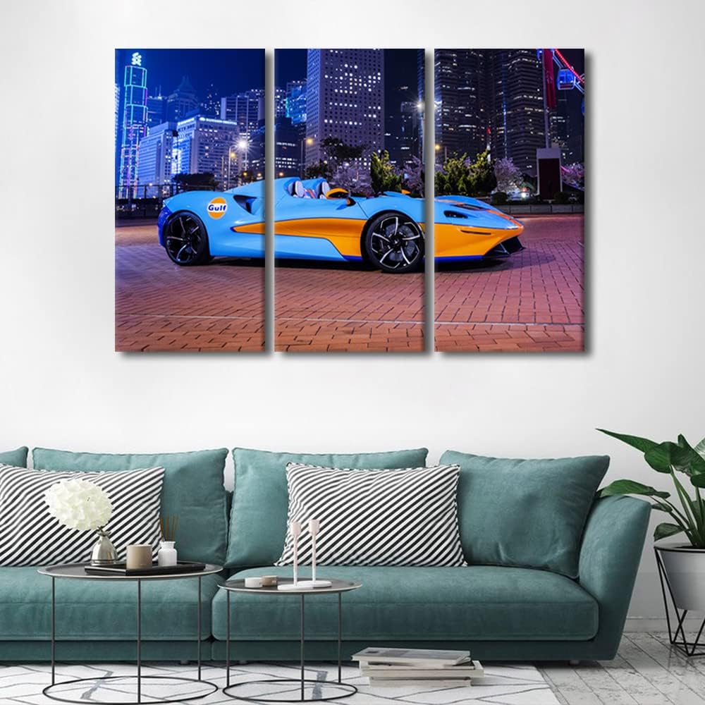 TUMOVO Blue and Orange Sports Car Canvas Wall Art City Night View Wall Art for Living Room Pictures for Bedroom Modern Home Decor Office Bathroom Decorations Artwork Framed Ready to Hang, 36" Wx24 H