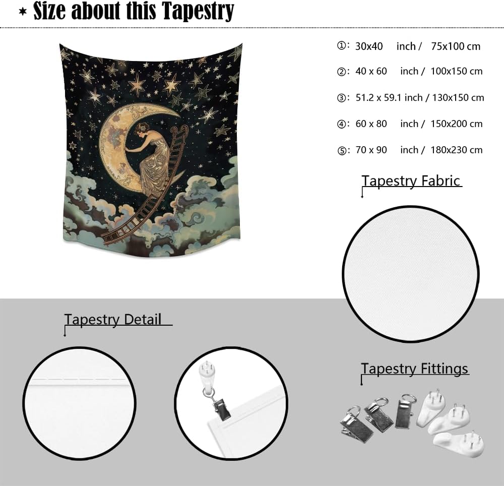 Dark Academia Gothic Aesthetic Tapestry ladder to The Moon and Stars Wall Hanging Print Trendy Vintage Art Nouveau Tapestries Decor for Home Bedroom Living Room 30x40inch