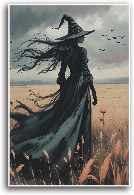 JFHCQJPK Gothic Decor Canvas Wall Art Witch in Rice Field Halloween Art Decor Print Nature Print Victorian Home Bedroom24x36in Frameless