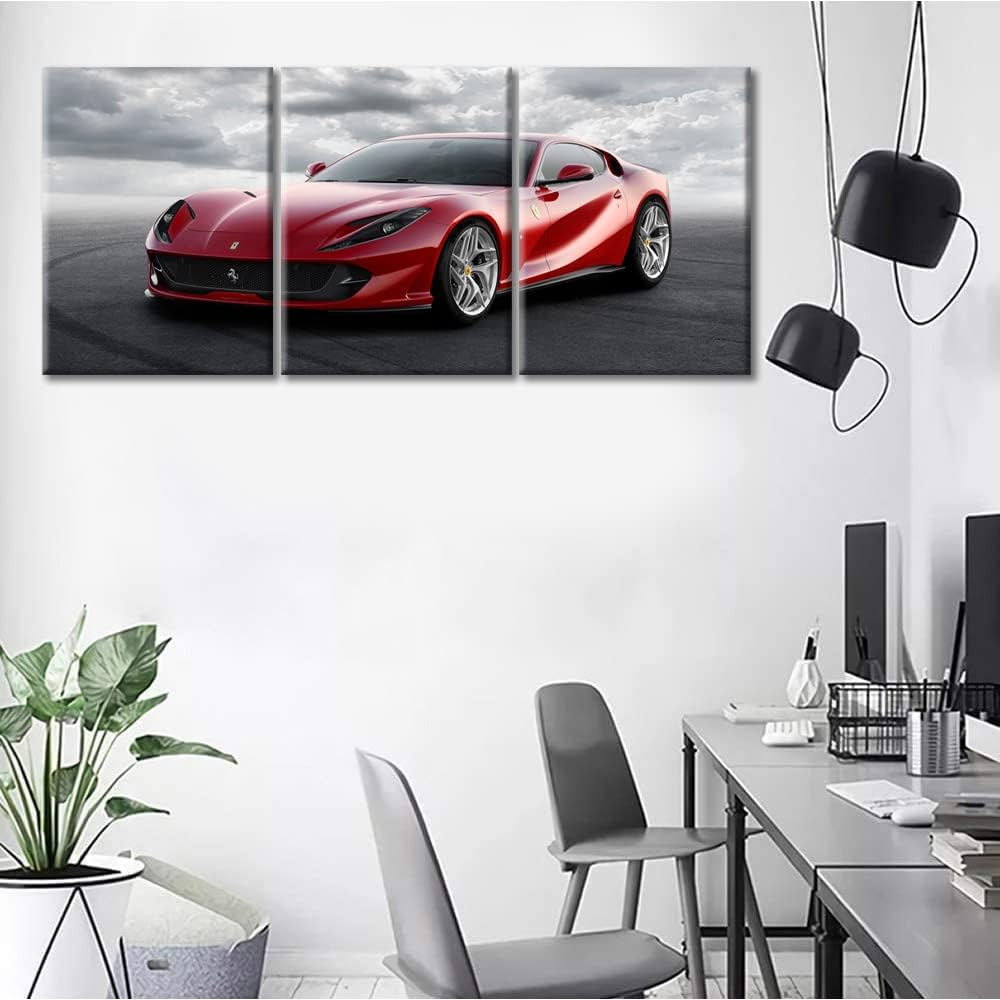 TUMOVO 3 Piece Wall Pictures for Living Room Red Sports Car Painting on Canvas Wall Decor Art Famous Super Car Poster for Men Boys Bedroom Wall Art Modern Artwork Framed Ready to Hang, 36" Wx16 H