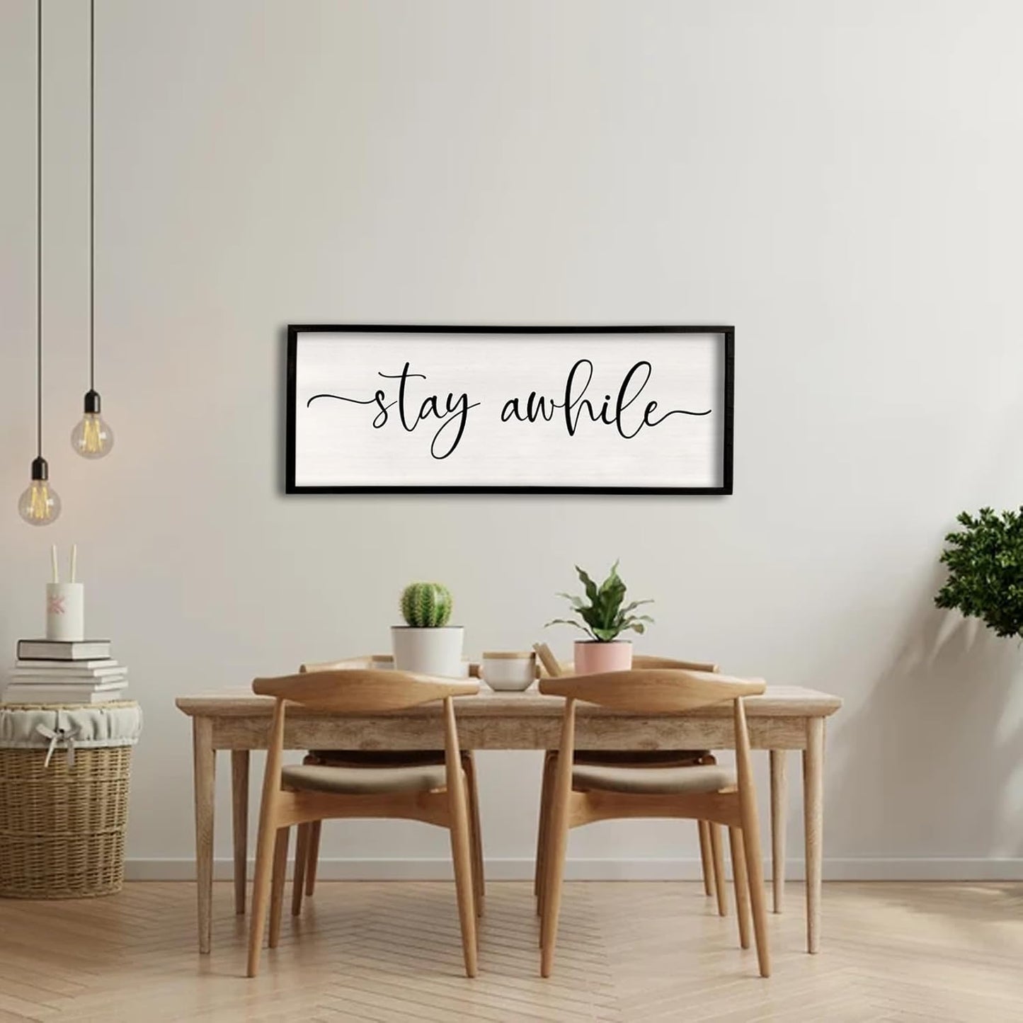 Stay Awhile Sign Wall Decor 32"X12" Large Solid Wood Frame For Hallway Living Room Entryway Farmhouse Wall Art Lets Stay Family Home Rustic Hanging Decoration (Black)