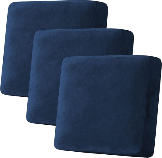 H.VERSAILTEX Velvet Stretch Couch Cushion Cover Plush Cushion Slipcover for Chair Loveseat Sofa Cushion Furniture Protector Seat Cushion Sofa Cover (3 Piece XL Sofa Cushion Covers, Navy)