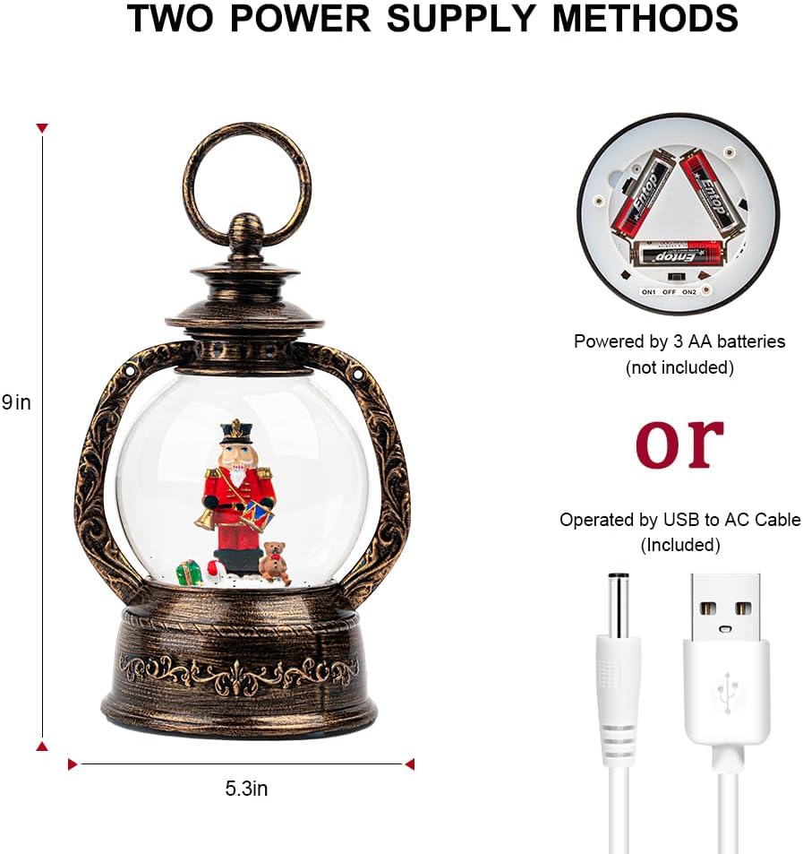Christmas Snow Globe Lantern Water Glittering Nutcracker with Music & Timer, USB Lined/Battery Operated Lighted Lantern for Christmas Festival Decoration Gifts