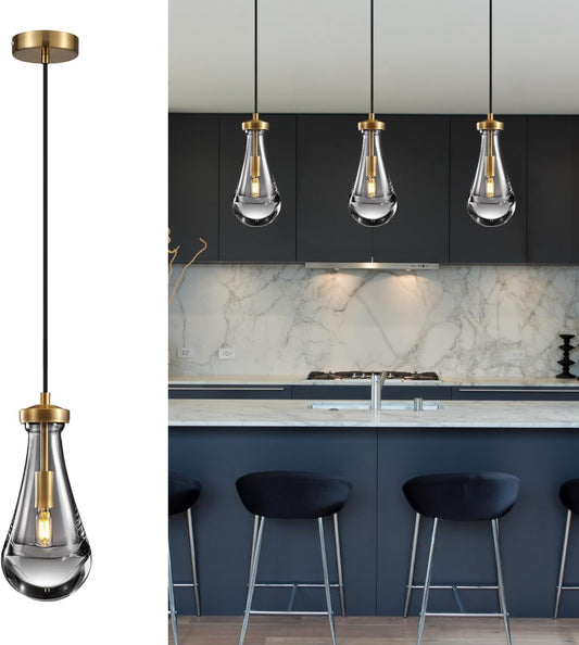 Raindrop Pendant Light Fixtures Set of 3, Brass Glass Pendant Lighting, Teardrops Modern Hanging Light for Entryway Foyer Kitchen Island Dining Living Room Hallway
