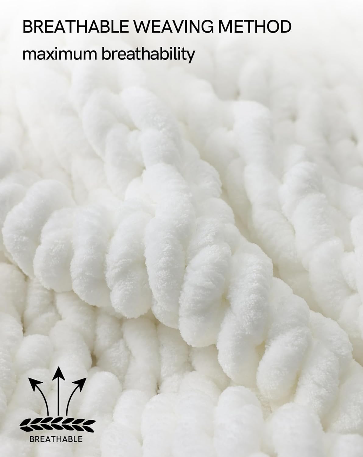 YnM Chunky Throw Blanket, Medium-Weight, Hand Knitted with Chenielle Yarn, Skin Friendly, Ventilated and Breathable, Machine Washable, Home Décor Piece for Couch, Sofa and Bed (White, 50x60 Inch)