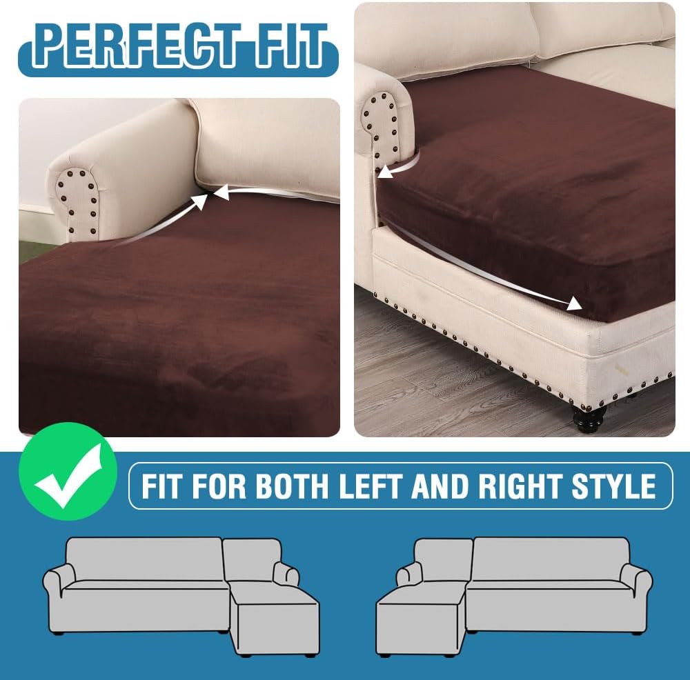 H.VERSAILTEX Velvet Stretch Individual Chaise Cover Sectional Couch Covers for L Shaped Sofa Both Left/Right Furniture Protector Seat Cushion Sofa Cover (1 Piece Chaise Cover, Brown)