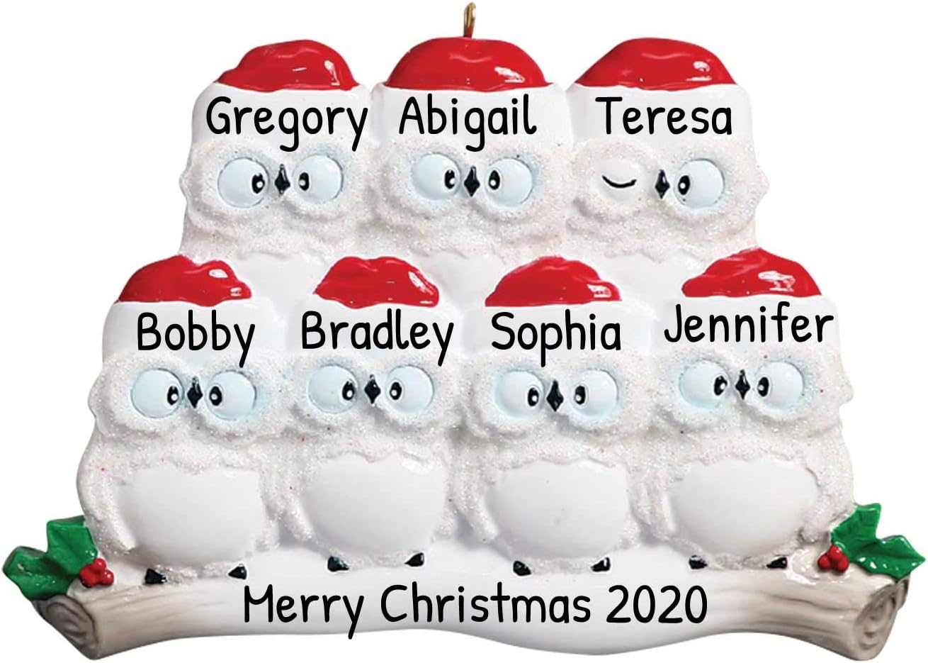 Owl Family of 7 Ornament 2025 Personalized Family Christmas Ornaments 2025 | White Holiday Keepsake Woodland Owls Personalized Tree Ornaments for Grandchildren, Siblings & Grandkids of Seven Ornament