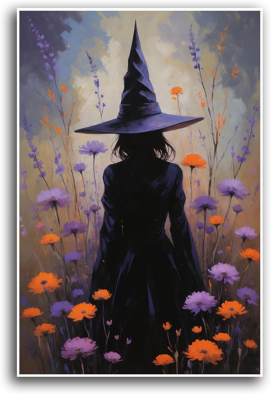 JFHCQJPK Country wildflower witch canvas print halloween mashup art witch purple decoration bohemian elegant art poster24x36in Frameless