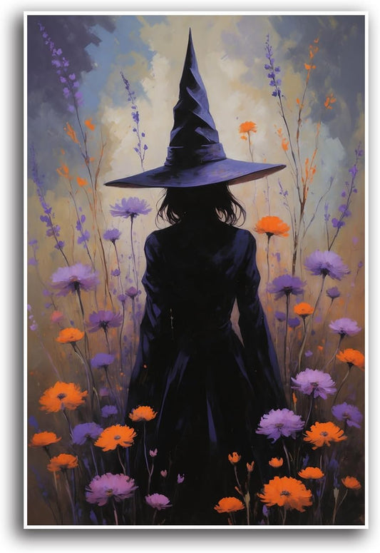 JFHCQJPK Country wildflower witch canvas print halloween mashup art witch purple decoration bohemian elegant art poster24x36in Frameless