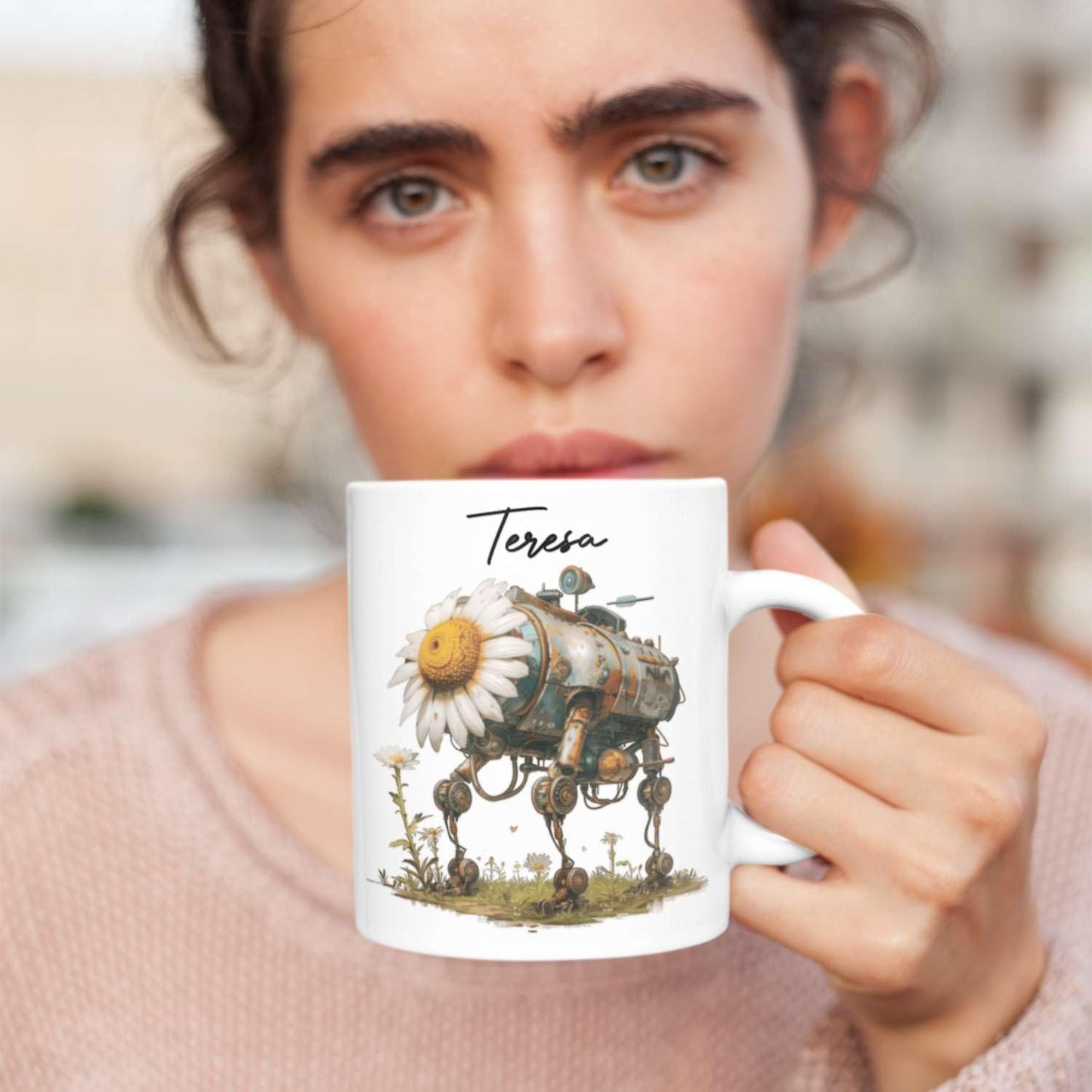 Customized Robotic Daisy Coffee Mug 11oz Or 15oz, Personalized Name On Mechanical Flower Mug, Novelty Ceramic Cup Gift For Tech Enthusiasts, Custom Nature Inspired White Mug