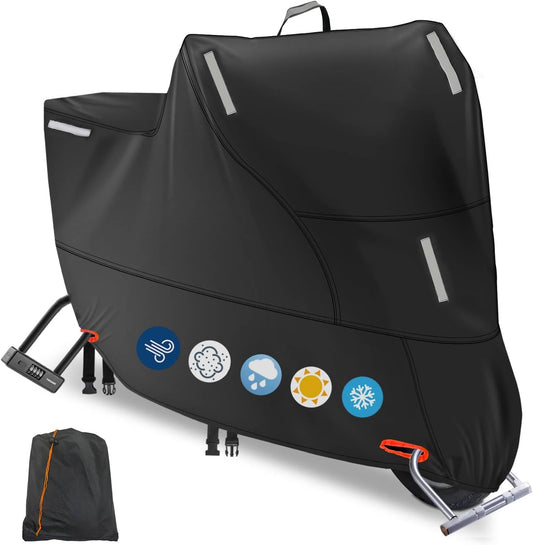 Motorbike Cover for Outside Storage, 300D Oxford Waterproof Motorcycle Scooter Moped Cover Outdoor with 5 Reflective Strips and 2 Windproof Buckles, 2 Lock-Holes and 1 Storage Bag (2XL: 94x35x49 inch)