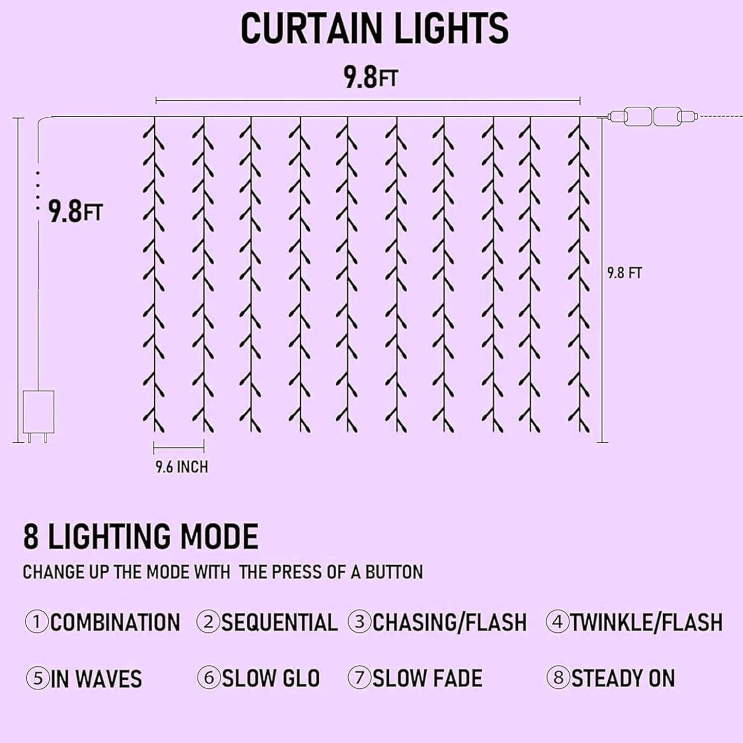 Dazzle Bright 300 LED Curtain String Lights, Halloween Fairy Lights for Bedroom with 8 Lighting Modes, Connectable Waterproof Window Light Party Wedding Garden Wall Decor, Purple