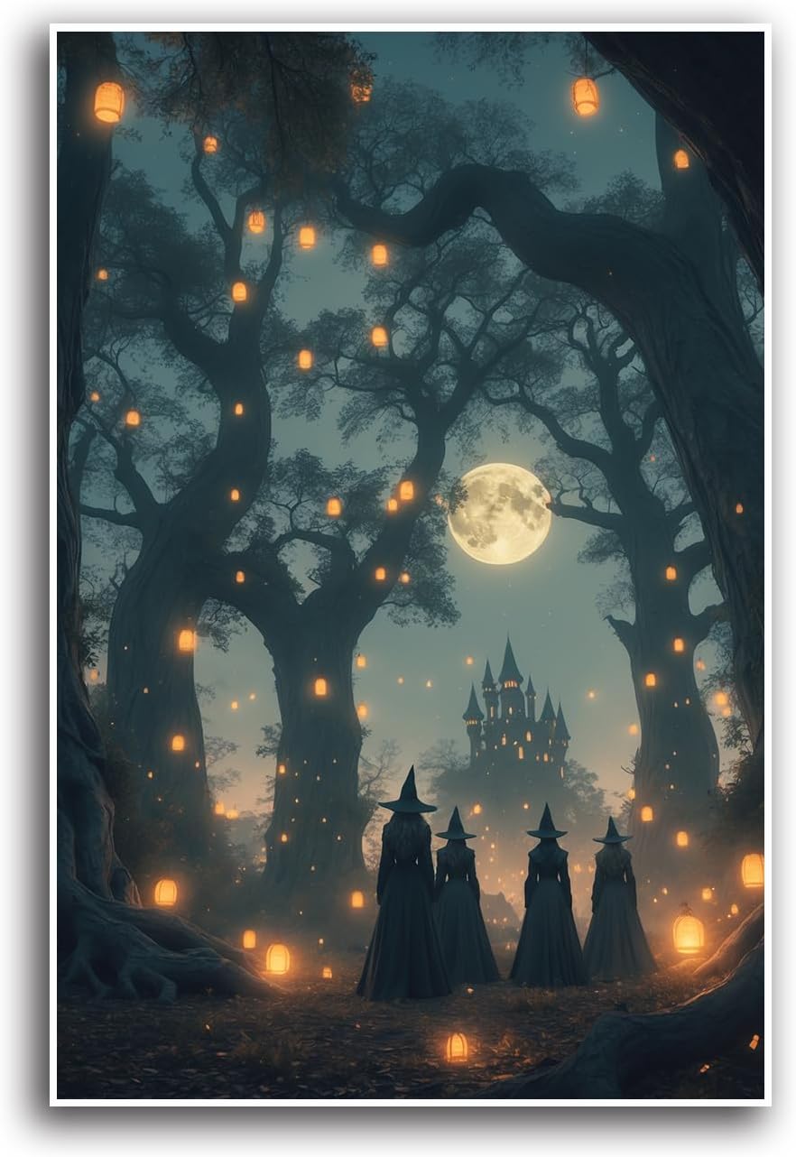 JFHCQJPK Mysterious creek painting witch and castle in magic forest art print canvas gothic print dark college decoration poster for home bedroom8x12in Frameless