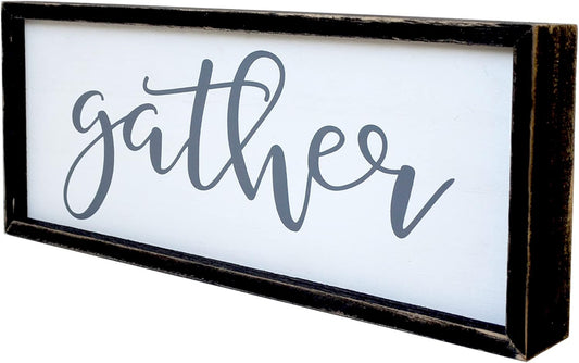 Gather Sign for Home Decor in Grey - Farmhouse Kitchen Dining Room Wall Decor - Rustic Wall Decoration Solid Wood Thick Black Frame 12x5 Inches