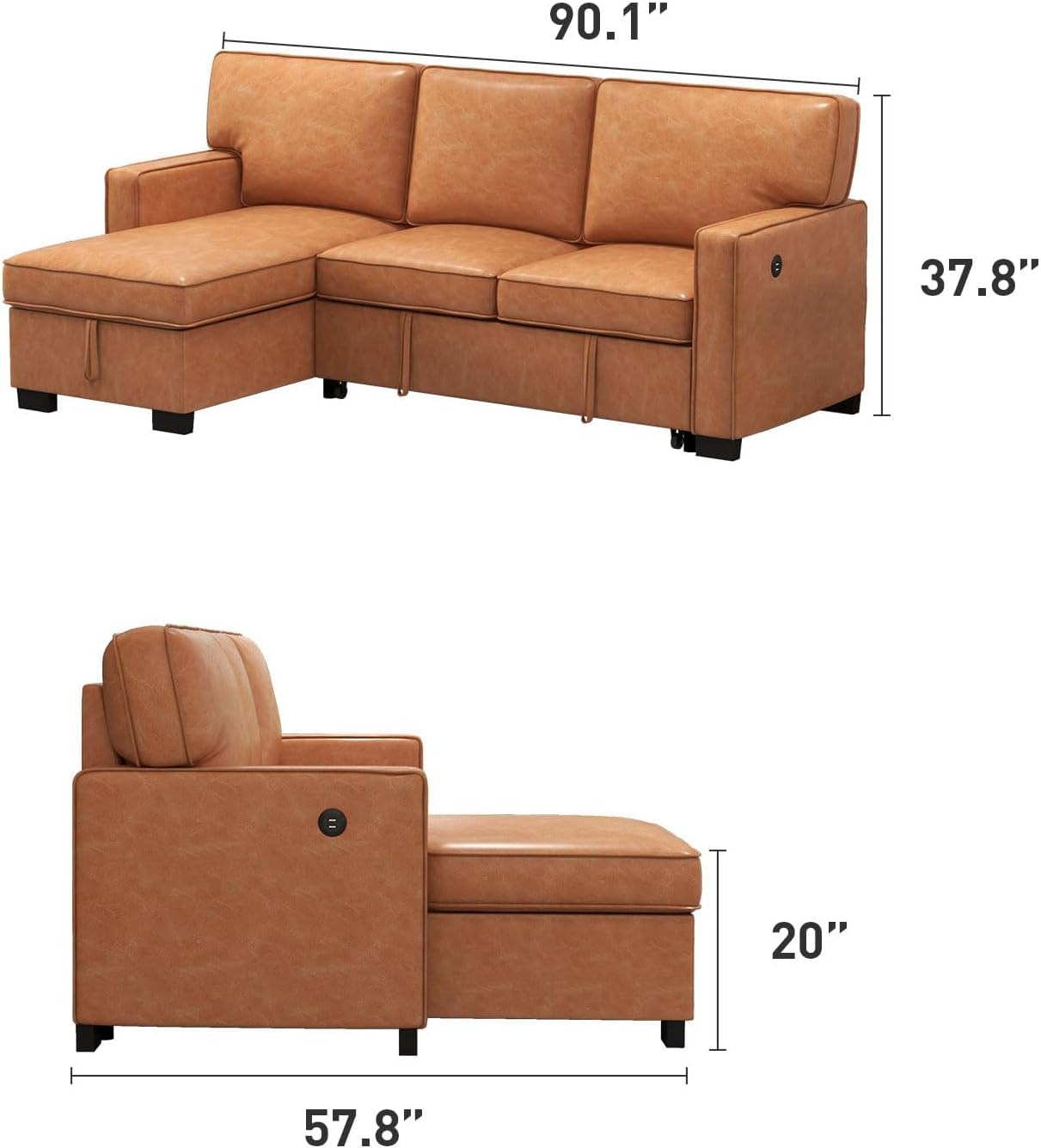 EBELLO Convertible Sleeper Sofa 3 in 1, Faux Leather Modern L-Shaped Couches for Living Room, Pull Out Sectional Futon Sofa Bed with Storage Space, USB Ports and Cup Holders for Bedroom, Brown