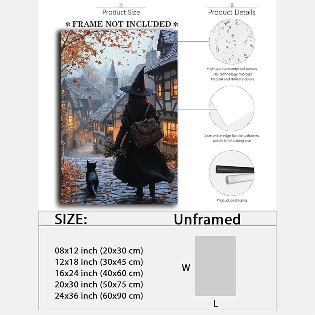 Autumn Witch And Black Cat Picture Wall Decor,Halloween Canvas Vintage Rustic Wall Art,Preppy Bedroom Living Room Bathroom Poster Print,24"x36" Unframed