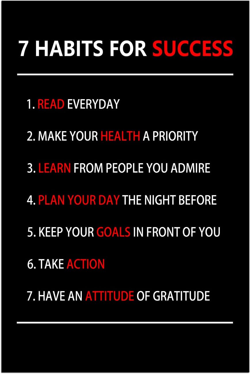 Motivational Wall Art 7 Habits For Success Inspirational Entrepreneur Quotes Canvas Painting Prints Poster Inspiring Office Decor Living Room Gym Decoration Framed Ready to Hang [12''W X 18''H]