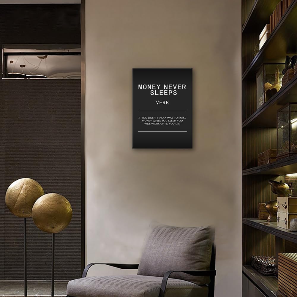 Money Never Sleeps Verb Inspirational Canvas Office Decor Print Wall Art Motivational Picture Poster Painting Modern Inspiring Artwork for Home Living Room Bedroom Decor Framed[18" W x 24" H]