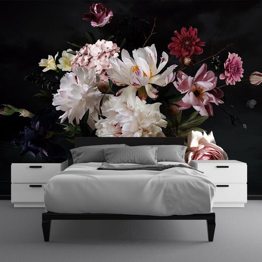 Dark Floral Wallpaper Mural Vintage Peony Flowers Black Background Wall Mural Bedroom (Not Peel and Stick)