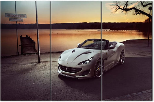 TUMOVO 3 Pieces Wall Art Landscape and White Sports Car Painting The Picture Print On Canvas Racing Car Pictures for Home Decor Decoration Gift Piece 40 x 20inch x 3 Panels