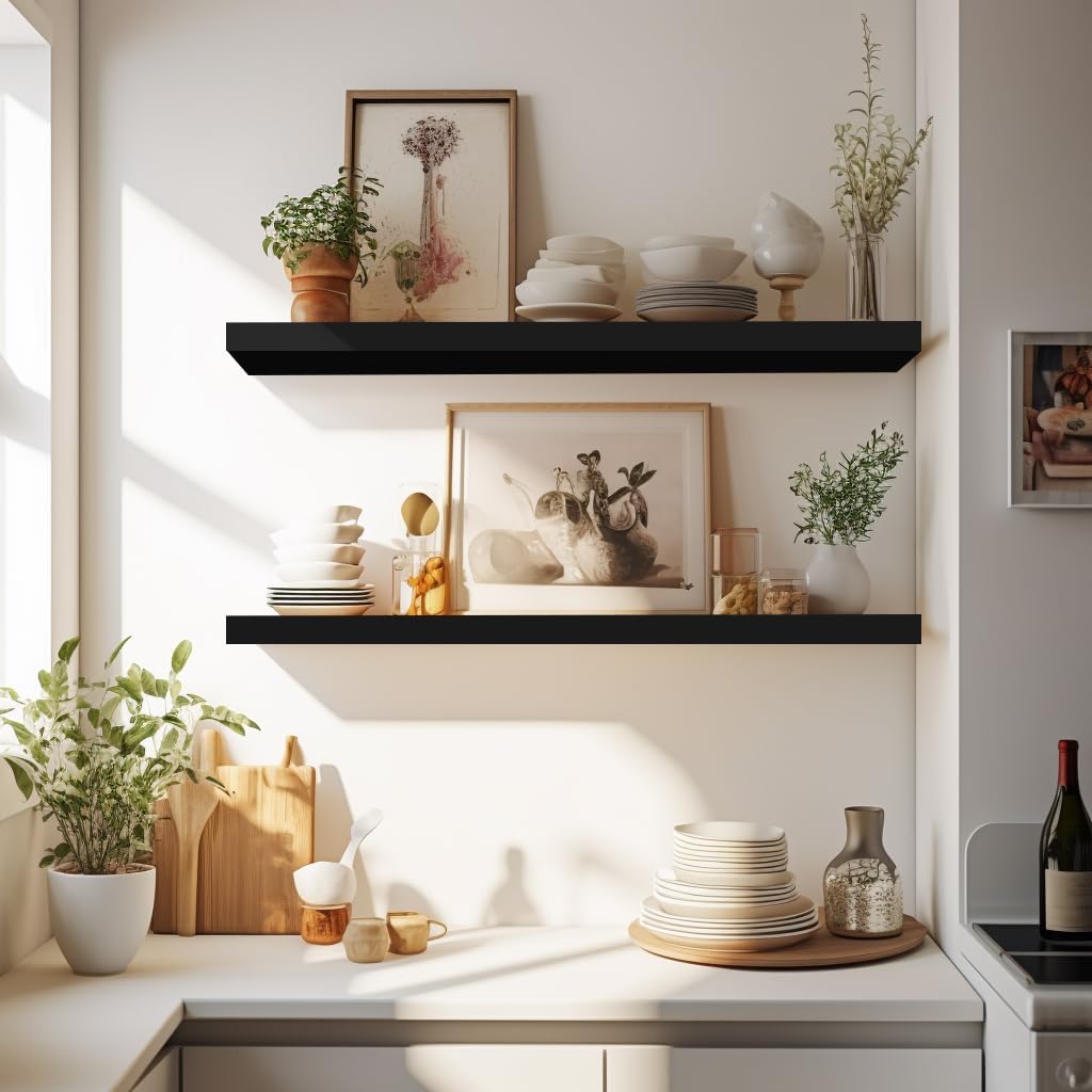 LaVie Home Floating Shelves, 24 Inch Wall Shelf Set of 2, Hanging Shelf with Invisible Brackets, Wall Decor for Bathroom, Bedroom, Living Room, Kitchen Storage, Classic Black