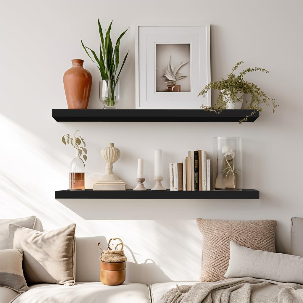 LaVie Home Floating Shelves, 24 Inch Wall Shelf Set of 2, Hanging Shelf with Invisible Brackets, Wall Decor for Bathroom, Bedroom, Living Room, Kitchen Storage, Classic Black