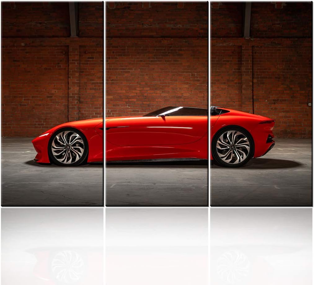 Framed Canvas Wall Art Pictures 3 Pieces Red Sports Cars Painting HD Printed Poster Artwork for Bedroom Living Room Modern Home Decorations Ready to Hang 28 x 14inch x 3 panel