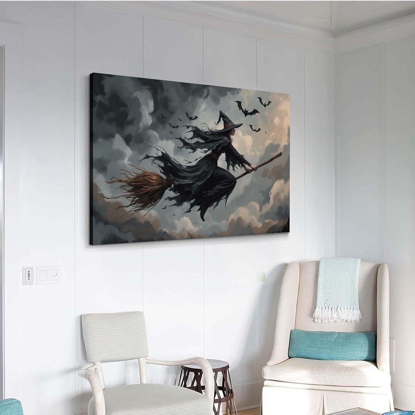 Witch and bat flying Halloween poster suitable for home party wall decoration retro Halloween preppy style wall art canvas print suitable for room decoration12x16in Wood Framed