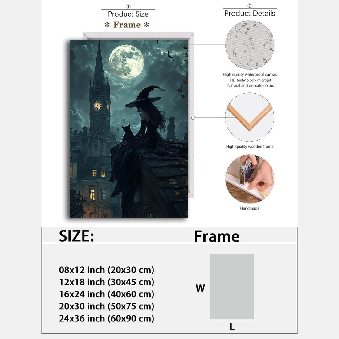 Halloween Witch Black Cat Wall Art,Magical Moon Witch on Roof with Black Cat at Night Scene Painting Haunting Dark Witches Canvas Print for Haunted House Party Decor Poster,20"x30" Framed