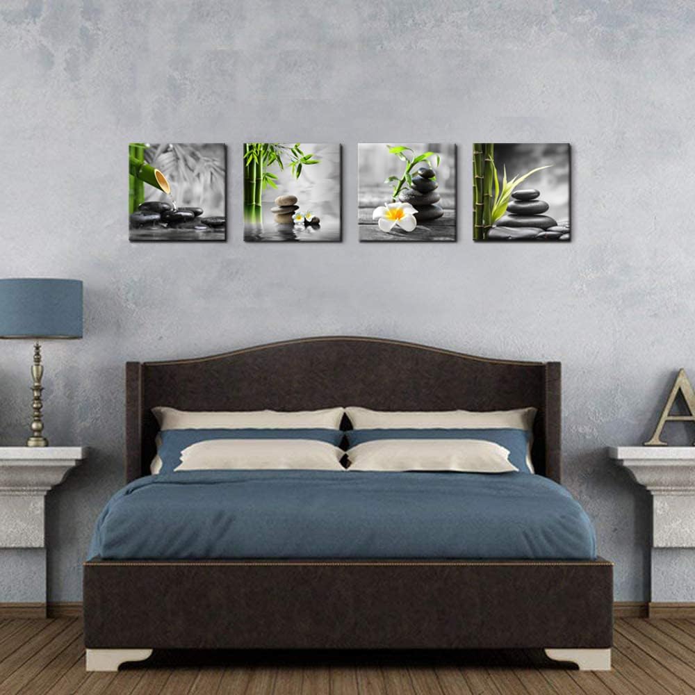 Bamdeya Zen Bathroom Decor Black and White Wall Art Grey Green Room Decor Stone Bamboo Pictures Canvas Meditation Posters Prints Artwork Bedroom Wall Decor Living Room Kitchen Decorations