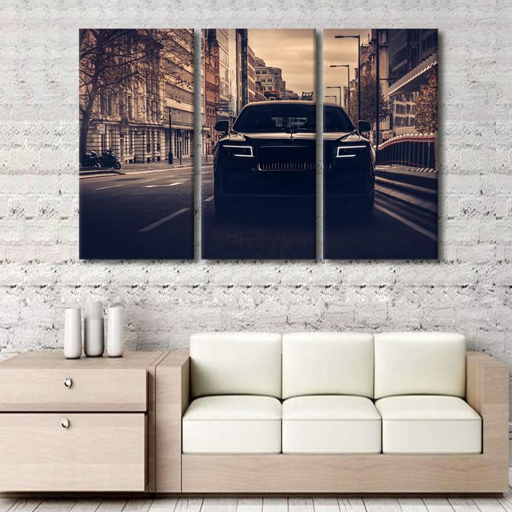 TUMOVO Canvas Wall Art for Bedroom Black Speedy Car on the Street Living Room Retro Decor 3 Panels Rustic Modern Artwork Home Walls Giclee Framed Ready to Hang 42inch Wx28 H, 28 x 14 inch
