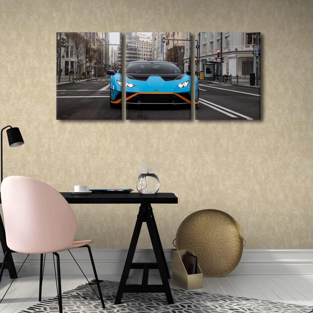 TUMOVO Canvas Wall Art for Bedroom Blue Sports Car Wall Paintings for Living Room Speedy Racing Car Office Modern Wall Art Super Car Pictures Print On Canvas Giclee Framed Ready to Hang, 36" Wx16 H