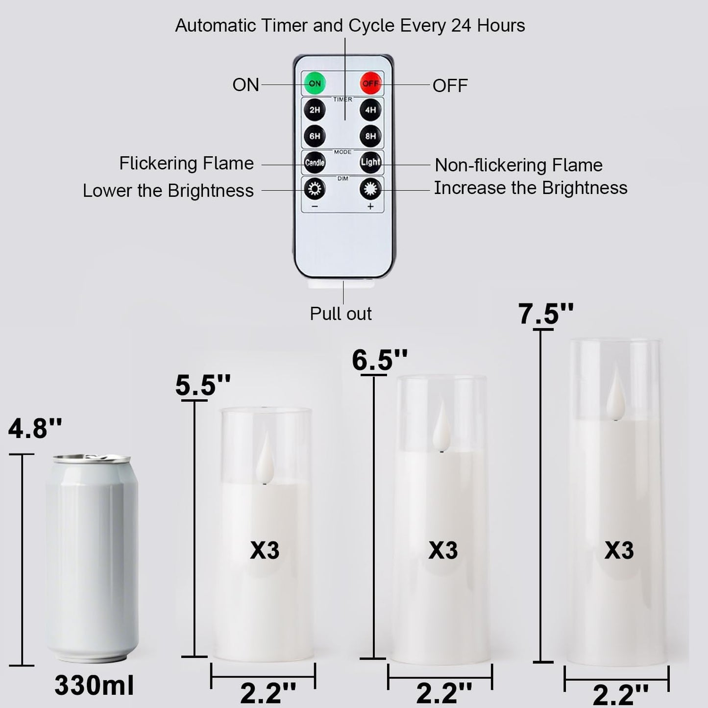 Amagic Pure White Flameless Candles, Battery Operated Candles, Acrylic Flickering LED Pillar Candles with Remote Control and Timer, 3D Wick, Yellow and Blue Glow, D2.2 xH5 6" 7", Set of 9