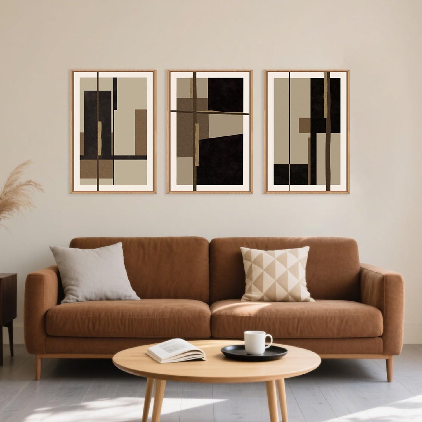 Abstract Shapes Framed Canvas Wall Art Set, Mid-Century Black Polygon Wall Decor, Black Brown Irregular Painting, Neutral Modern Art Print for Living Room, Dining Room, Office - 16"x24"x3