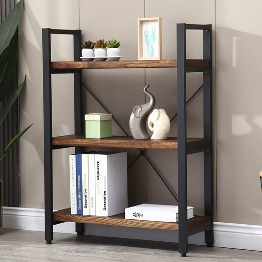 Natural Real Solid Wood Bookcase,3 Tier Metal and Wood Open Book Shelf Storage Farmhouse Wide Etagere Bookcase for Office Living Bedroom