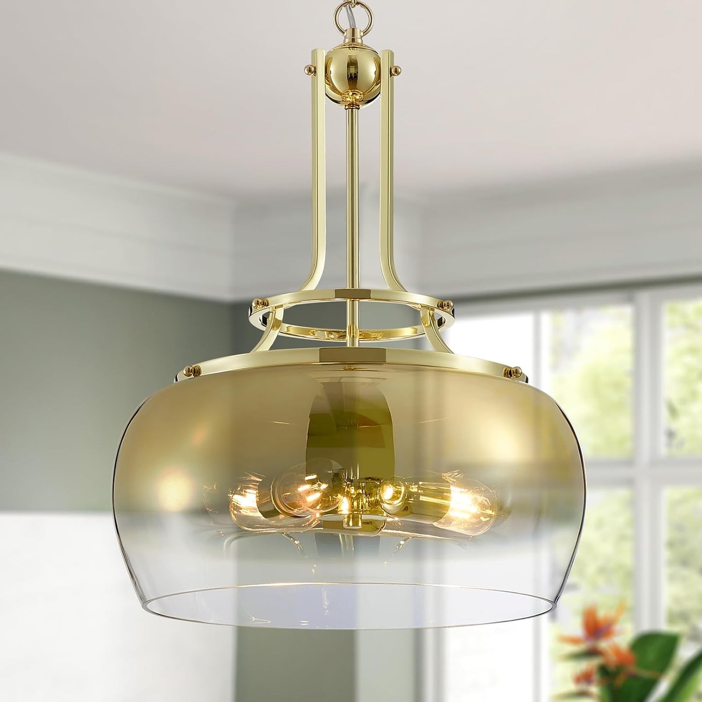 WUZUPS Gold Chandelier Rustic Farmhouse Industrial Round Ceiling Pendant LED Light Fixture with Gradient Glass Shade for Dining Room Kitchen Island Foyer Entryway, H 20.9" W 15.9", E26 Base