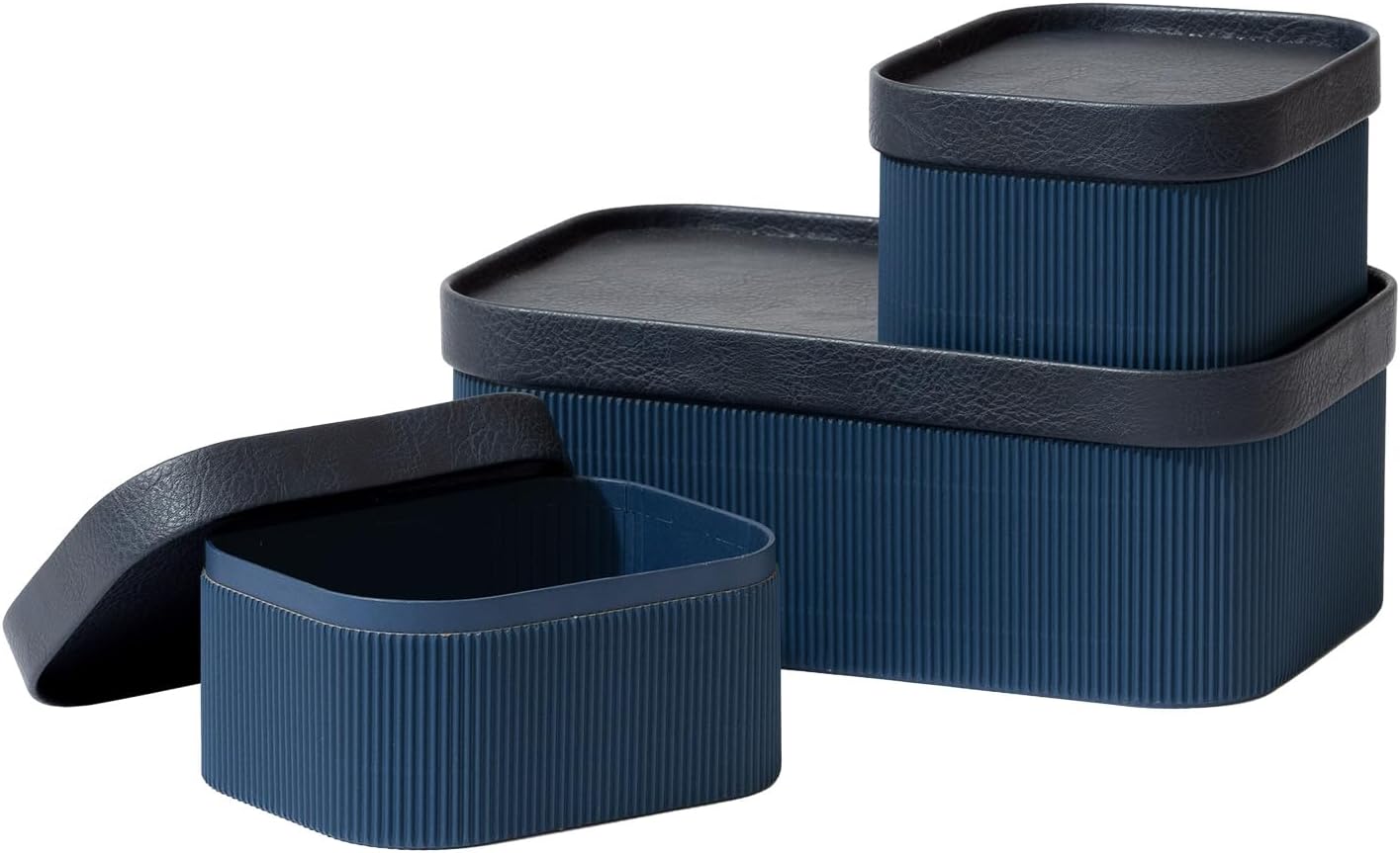 La Jolie Maison Fluted Cardboard Storage Baskets with Vegan Leather Lids, Sturdy Stackable Paper Boxes Decorative Tray, Basket Organizer Bins for Bathroom Bedroom Organizing, Navy Blue, Set of 3