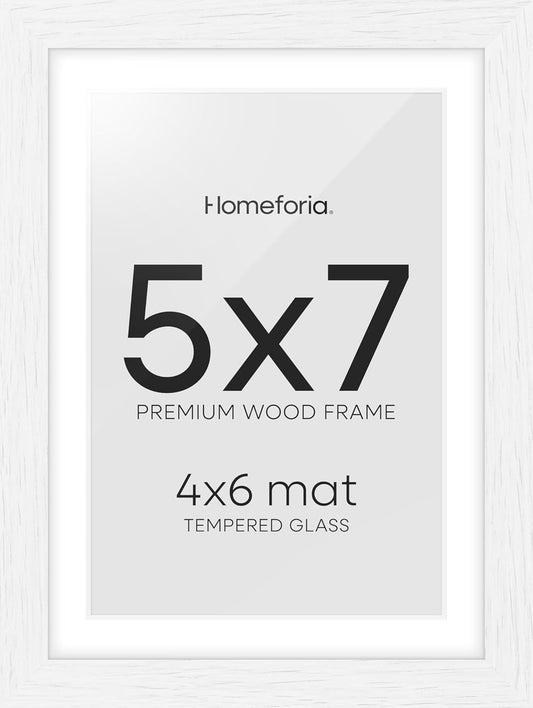 Homeforia White Picture Frames 5x7, High End Oak 5x7 Wooden Frame with Mat 4x6 Art, 5 x 7 White Wood Frames Matted to 4 x 6 inch Photo, 7by5 Wall or Tabletop Frame, Tempered Glass, Wall Kit, Set of 1