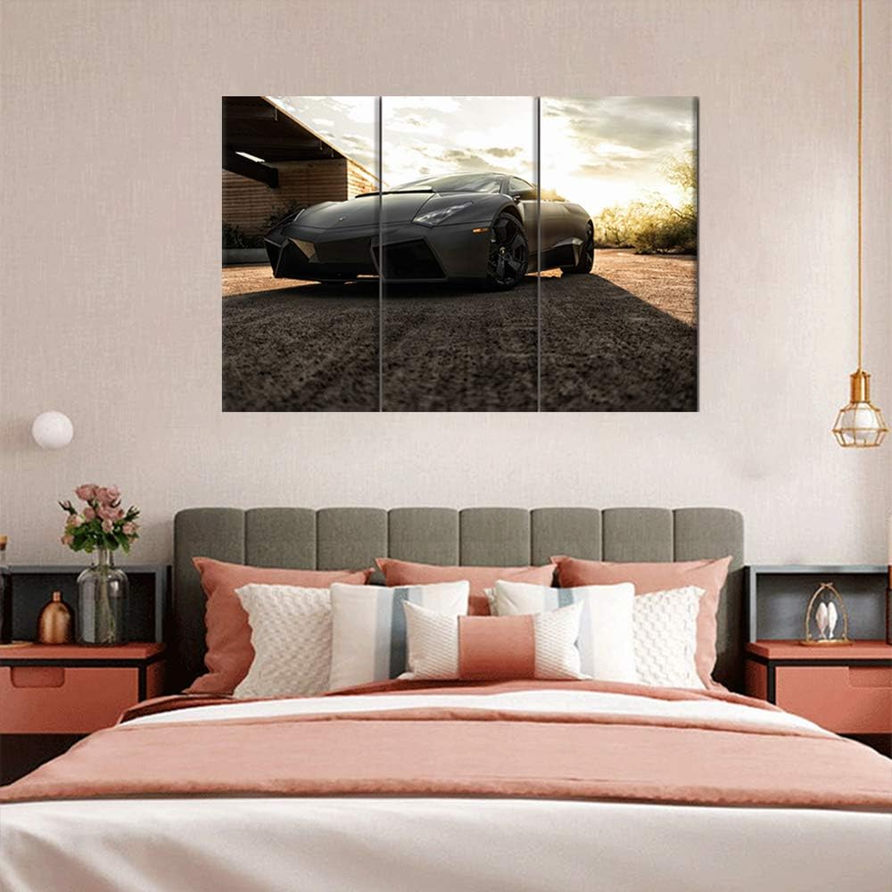 TUMOVO 3 Pieces Black Sport Car in Sunnet Posters Canvas Framed Wall Art Racing Cars Pictures Printed on Canvas Painting Artwork for Living Room Bedroom Interior Decoration - 12 x 24 inch x 3 Panels