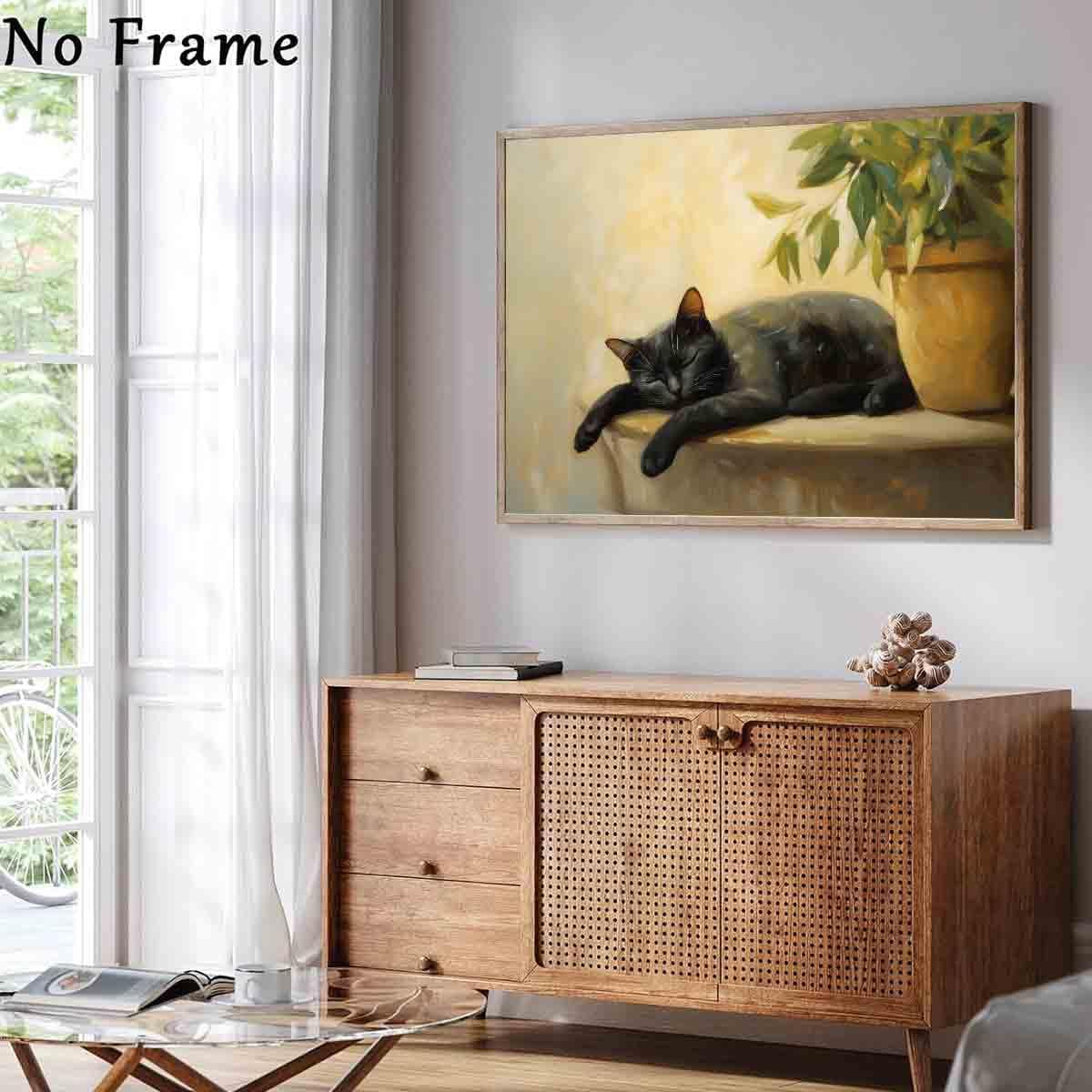Black Cat Poster Lovely Cat Sleeping Picture Retro Plant Wall Art Still Life Painting Vintage Vase Canvas Animal Artwork Plant Living Room Decor 16x24inch No Frame