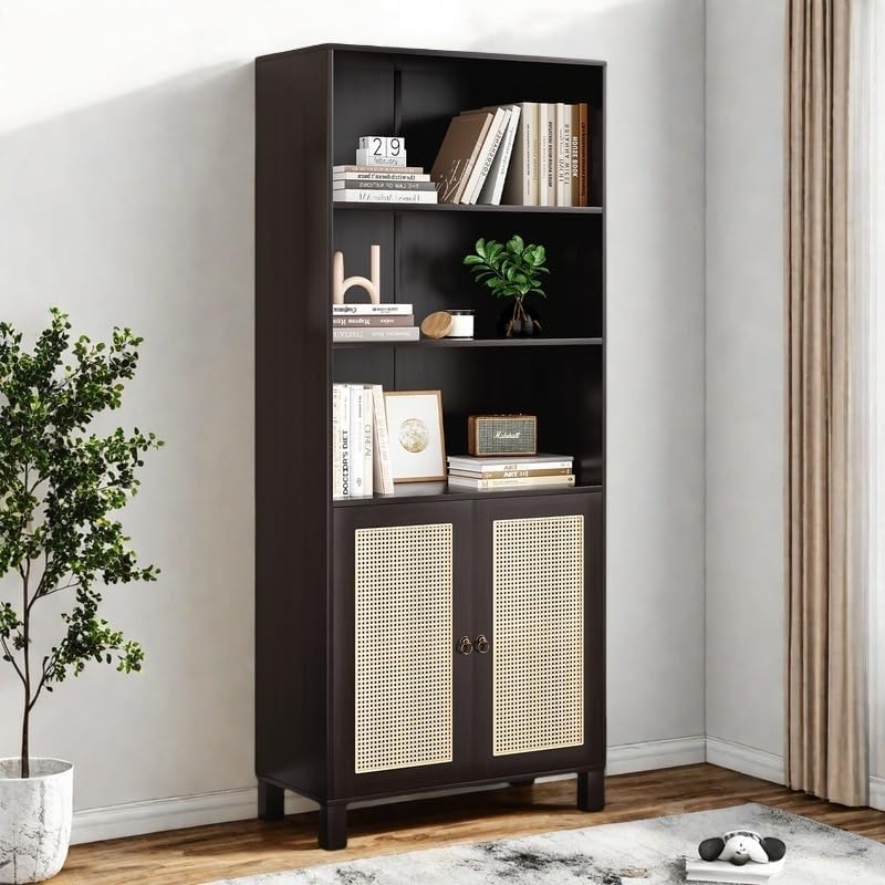 Tall Bookshelf, 5-Tier Book Shelf with 2 Rattan Doors, Freestanding Bookcase Display Shelves with Large Storage, Book Case for Living Room, Office, Study, Bedroom, 70.9 Inch