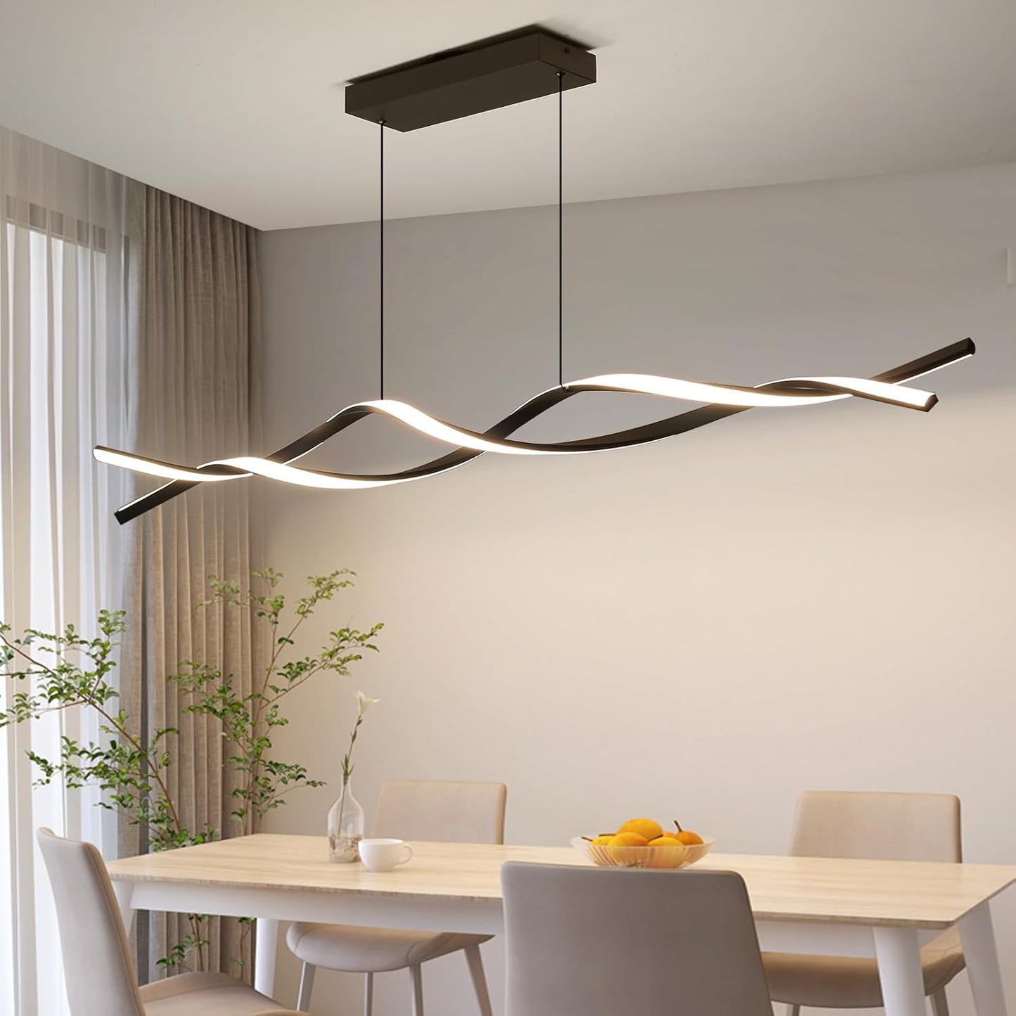 Modern Ceiling Chandelier Light, Acrylic Anti Flicker Pendant Lamp with Remote Control Dimmable 3 Color Mode & Brightness (Warm Cool Neutral Light) for Kitchen Bar Walnut 57in