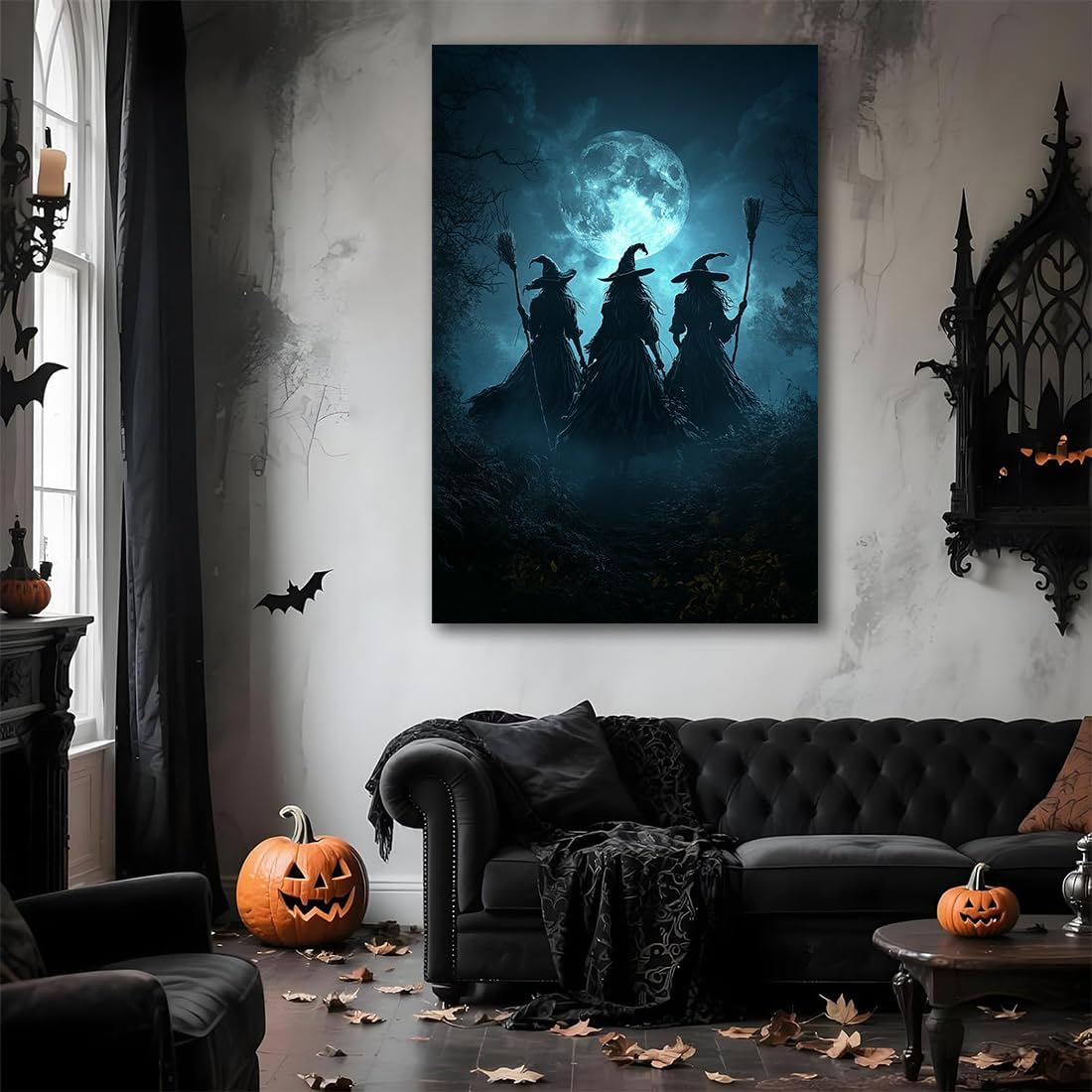 Moonlight Witches Halloween Canvas Art Picture,Three Witches on Broom in Forest Painting Print Gothic Decor,Halloween Witch Poster Witchy Room Aesthetic Bedroom Home Decorations,8"x12" Framed