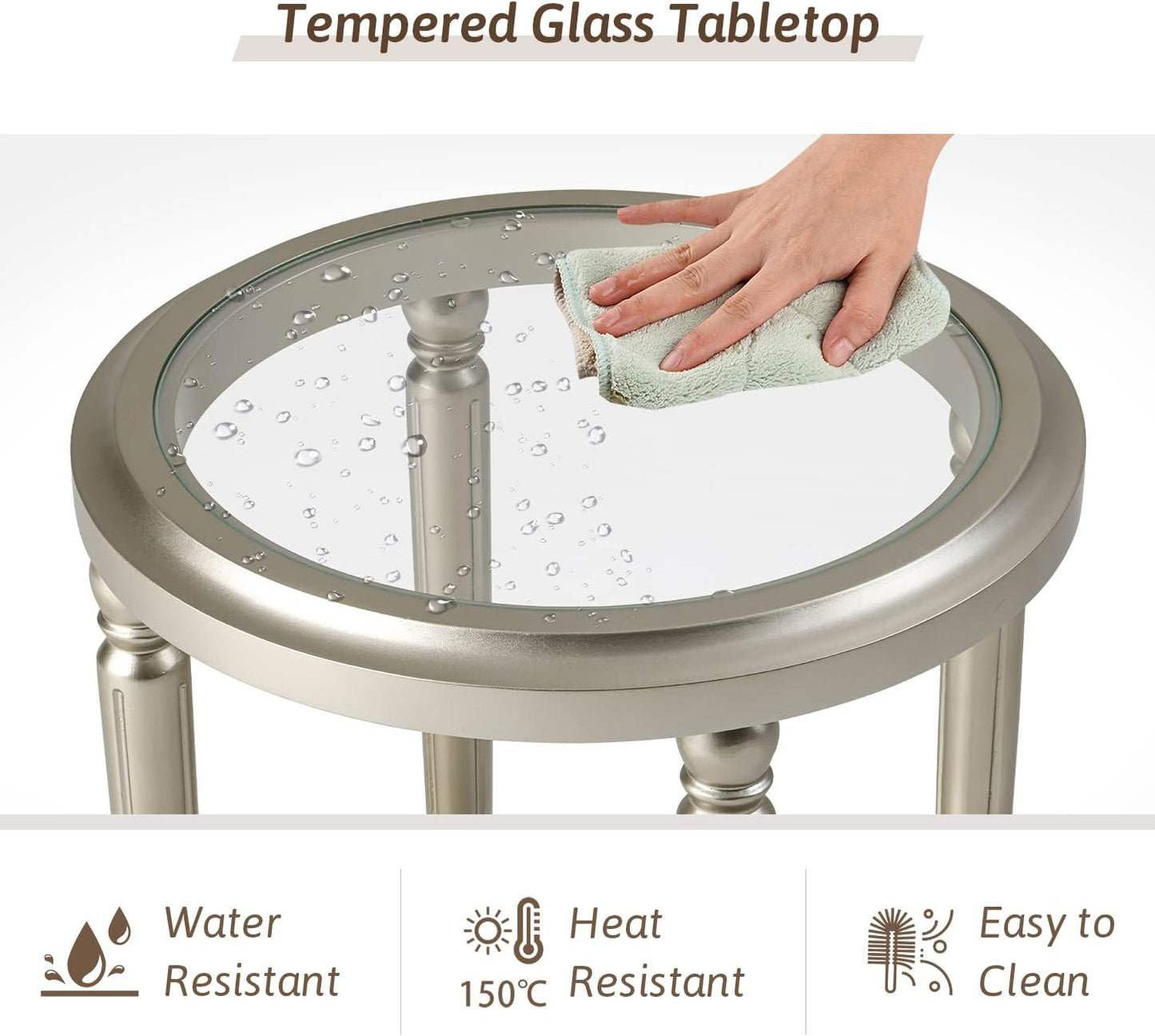 COSIEST Round Side Table, End Table Glass with Wood Frame, Champagne Gold Bedside Table with Modern Style for Living Room, Balcony, Bedroom