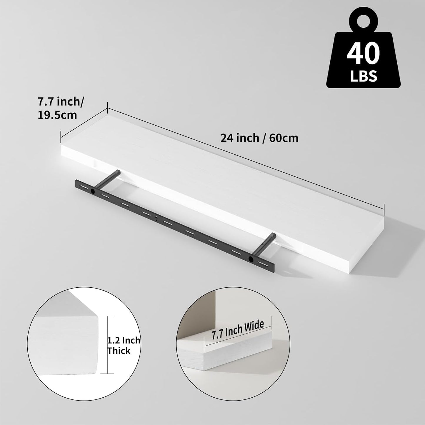 SAUMONIERES Floating Shelves 8 Inch Deep Solid Wood Wide Wall Shelf Set of 2 Wall Mounted for Bedroom Bathroom Living Room Kitchen, 24 Inch White