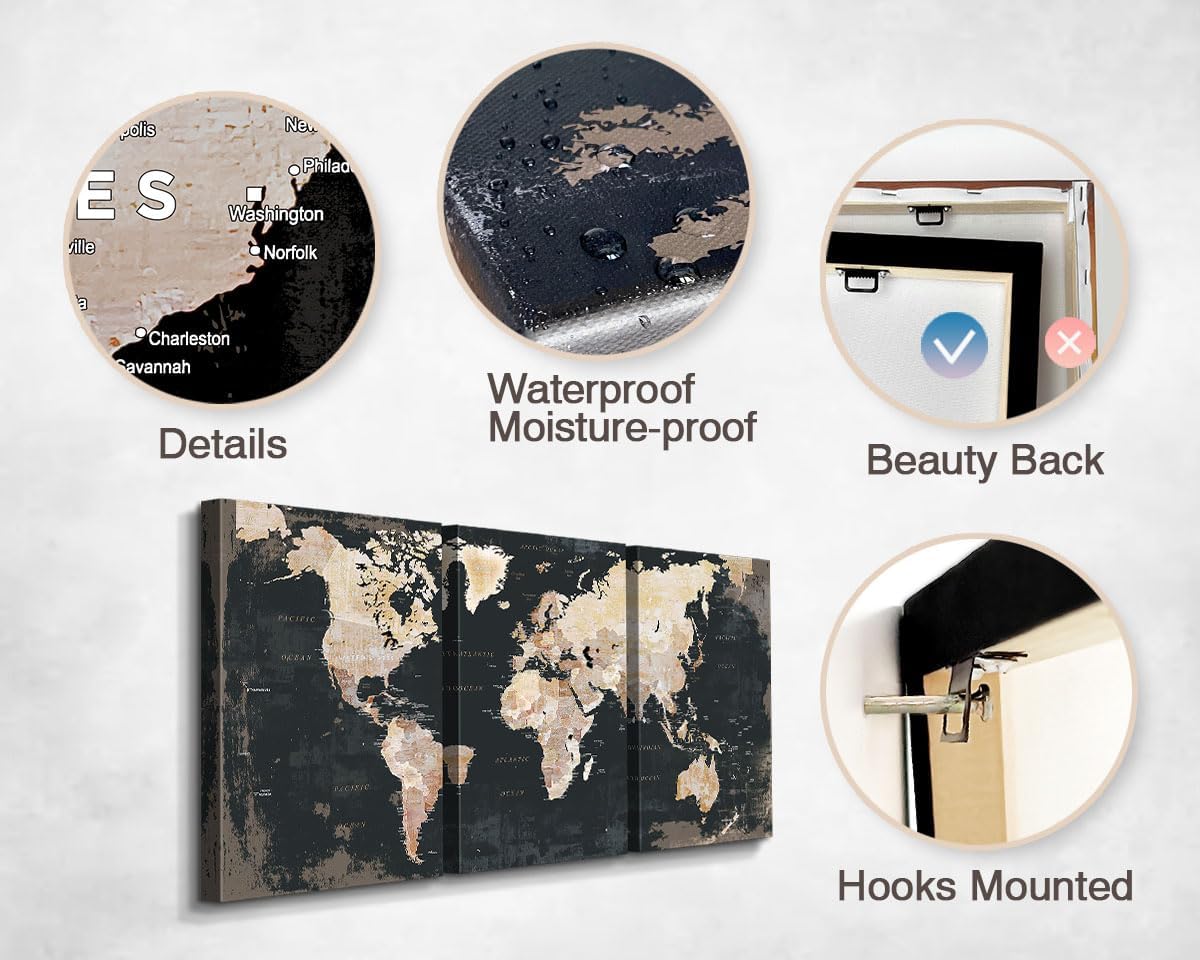 Office Wall Art for Living Room Bedroom Wall Decor Framed World Maps Black White Brown Pictures for Wall Decorations Vintage Decor