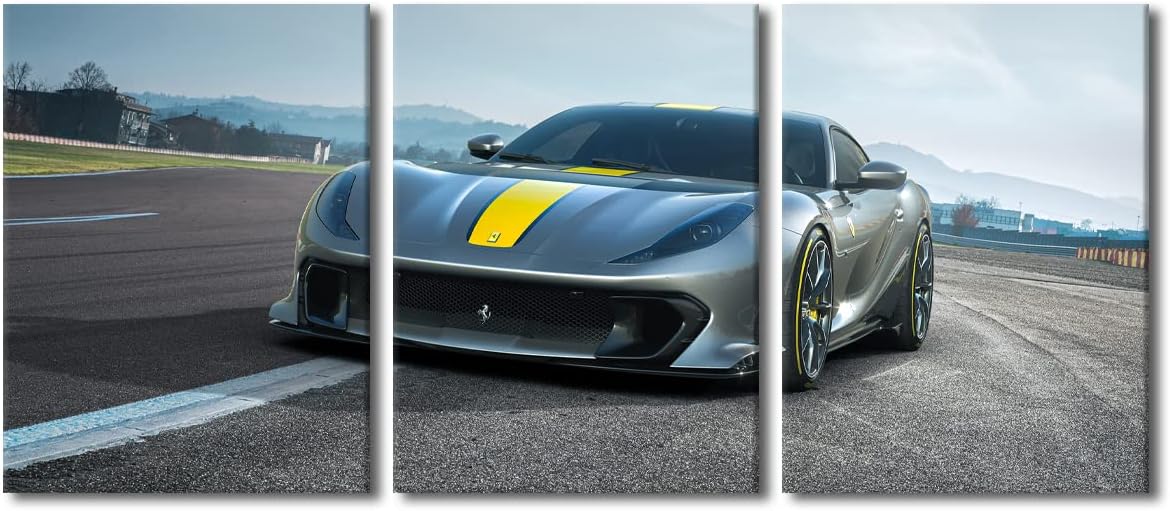 Wall Art Decor Painting on Canvas Gray Sports Car on the Road Pictures for Home Walls Speed Racing Cars Office Wall Art Framed 3 Pieces Supercar Modern Artwork for Living Room Bedroom, 36" Wx16 H