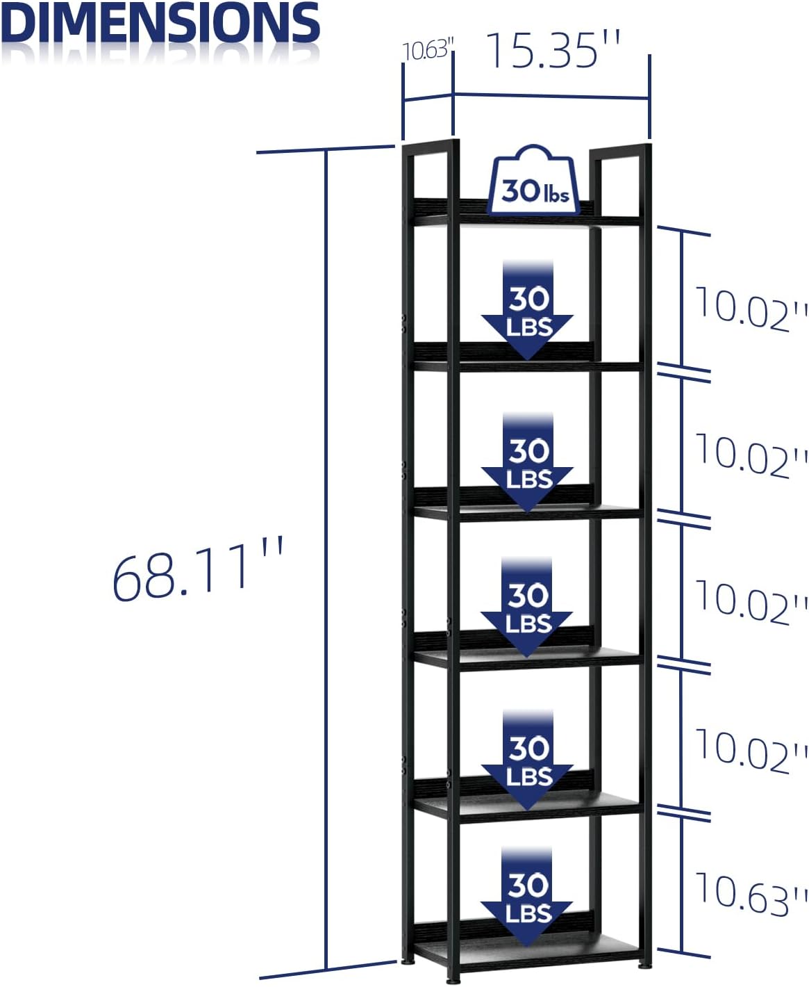 NUMENN Narrow Bookshelf, 6 Tier Bookshelves, Home Office Bookcase Shelf Storage Organizer, Free Standing Storage Shelving Unit for Bedroom, Living Room and Home Office, Black
