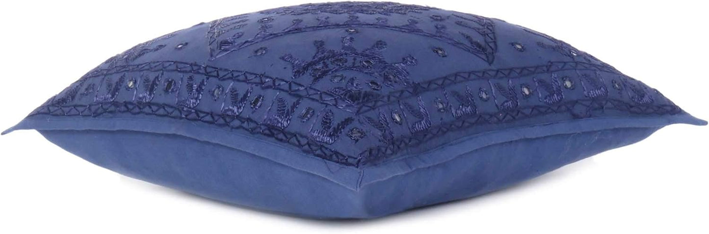 Eyes of India Embroidered Decorative Boho Throw Pillow Cover with Mirrors, Handmade Bohemian Accent Cushion Case for Sofa Couch Bedroom Living Room (Blue, 24" x 24")